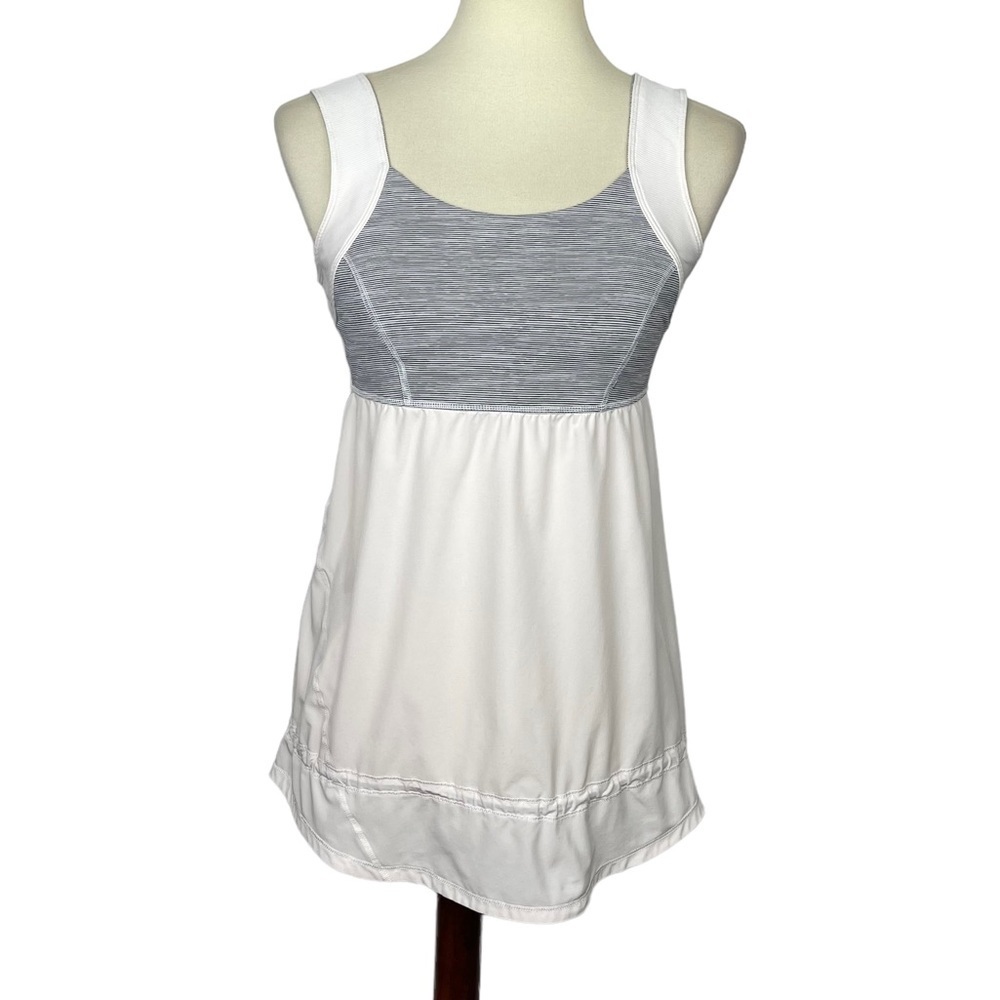 Lululemon Tank Top Womens 8 White Grey Cinch‎ Waist Longer Length Built in Bra
